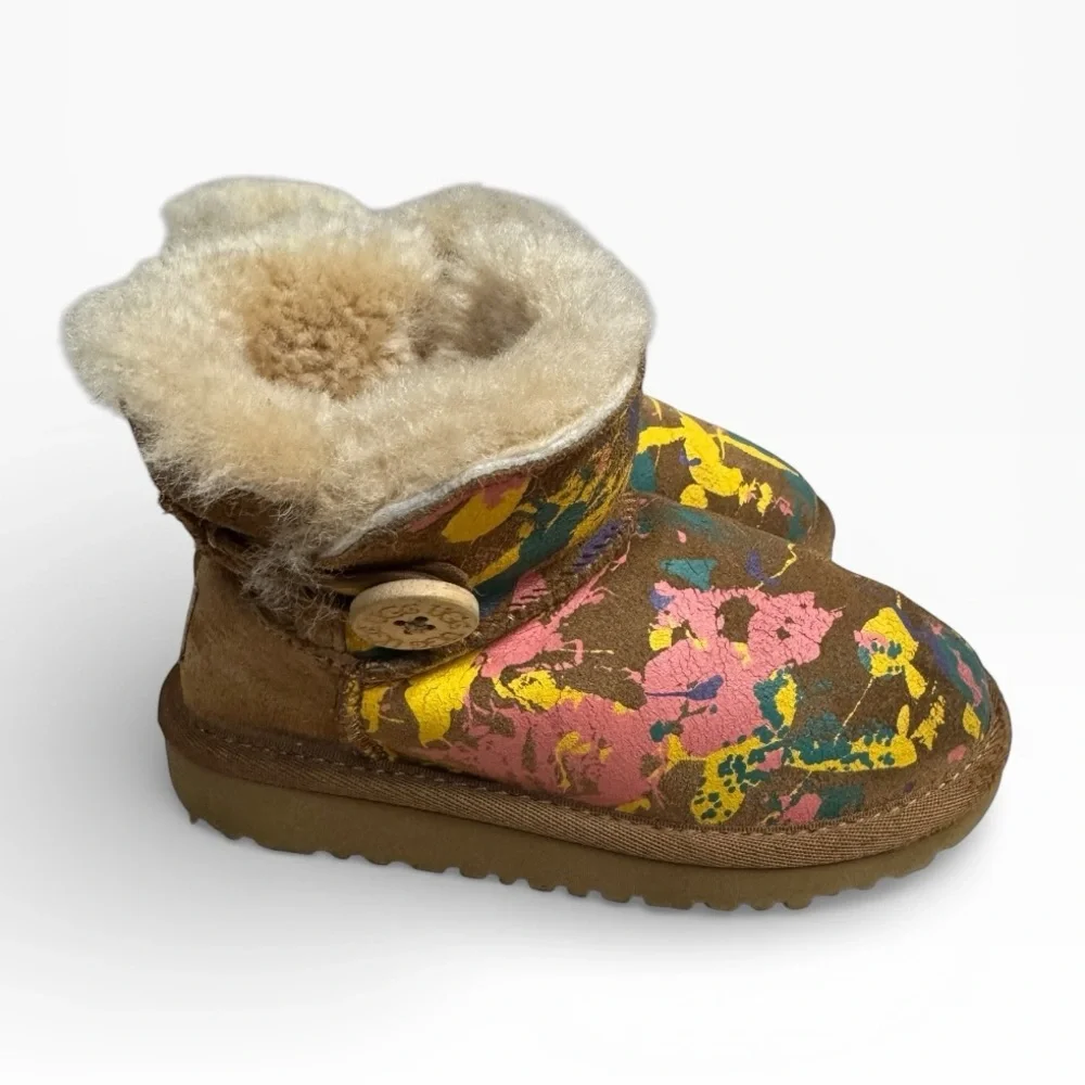 UGG Mini Bailey Button Paint Splatter Shearling Boots Toddler Size 10 Brown